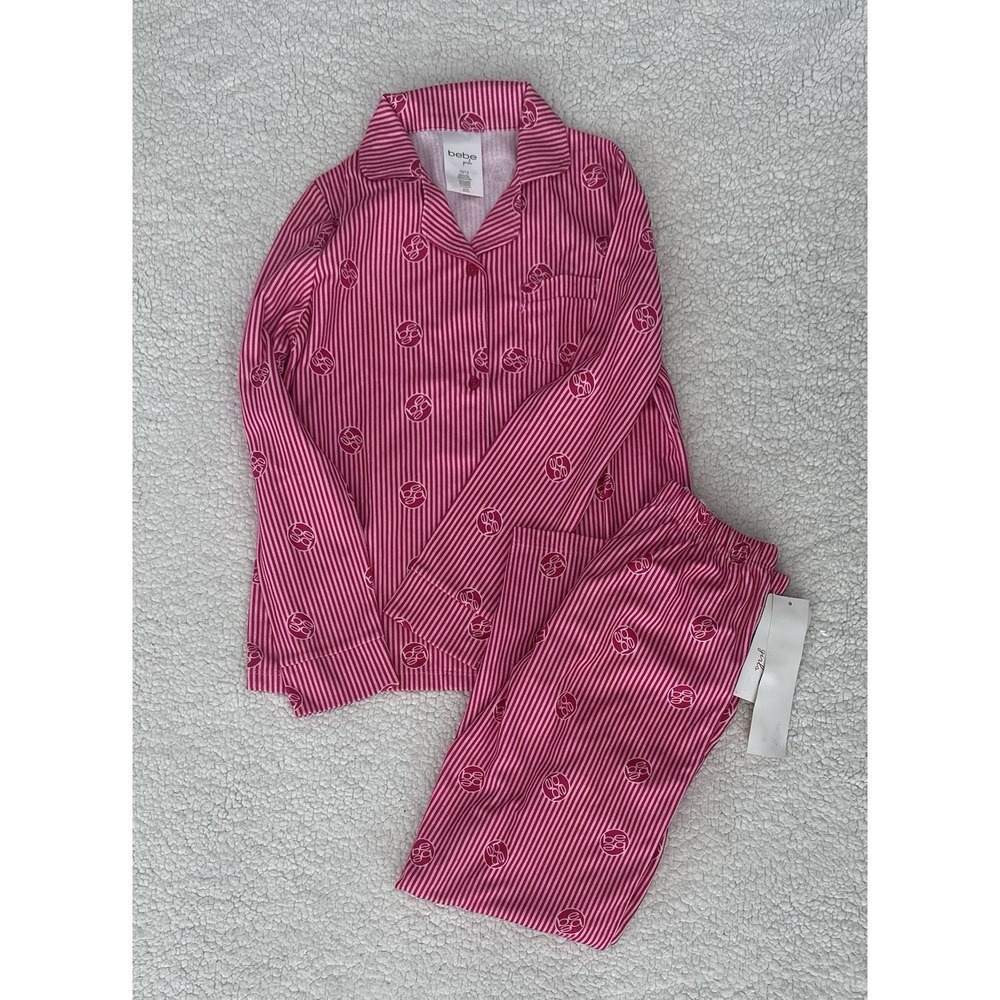NWT Girls Bebe Striped Flannel Pajama Set Size 10/12 Pants Button Down Shirt